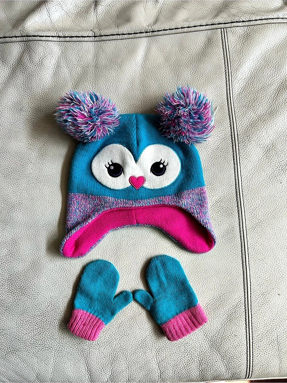 The Children's Place Girls Owl Hat And Mittens Set Blue & Pink Like New